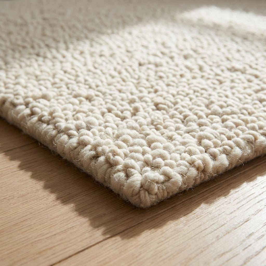 Handwoven chunky knit wool rug in neutral ivory with thick soft loops, cozy minimalist boho living room carpet