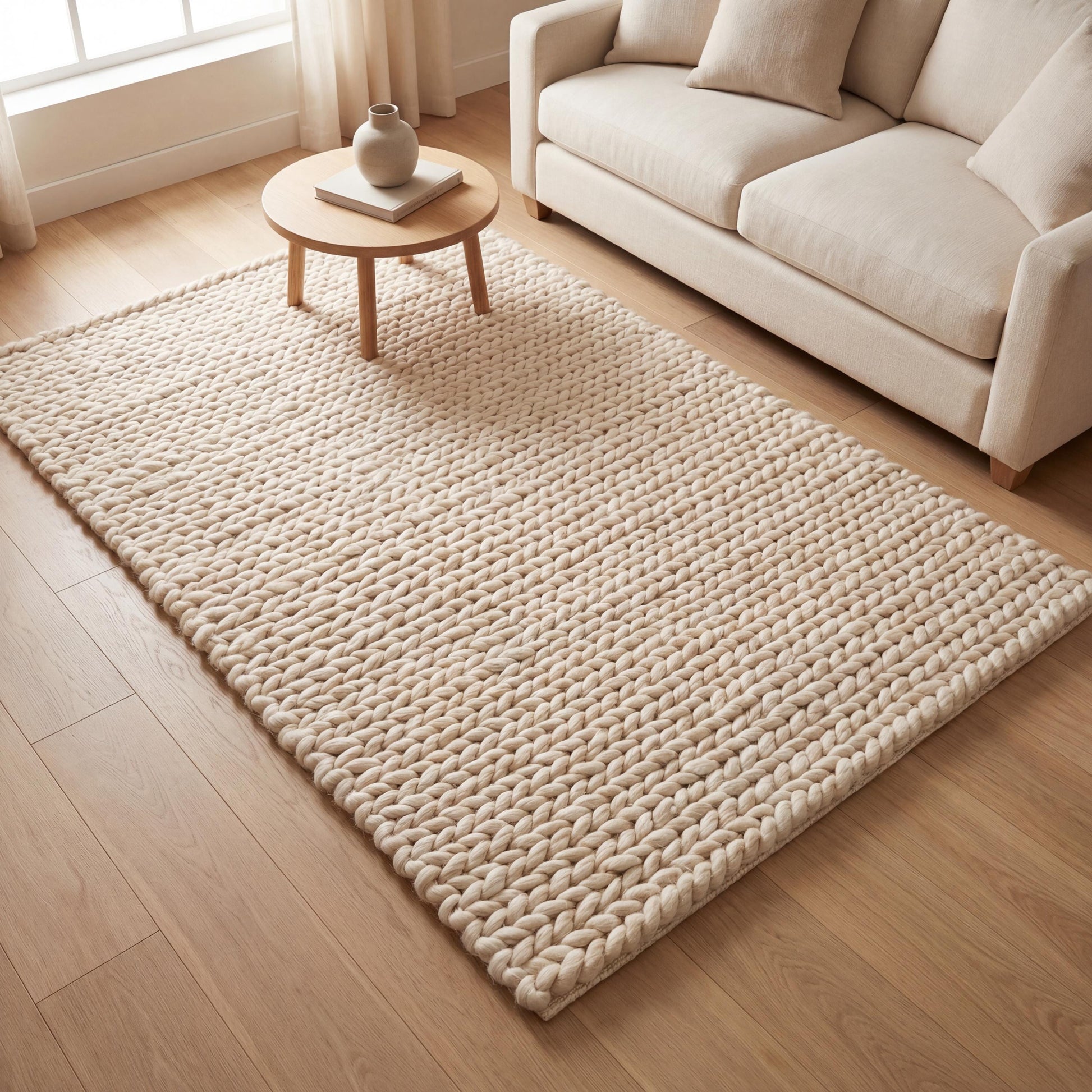Neutral beige chunky knit wool rug with thick braided texture for cozy minimalist living room decor