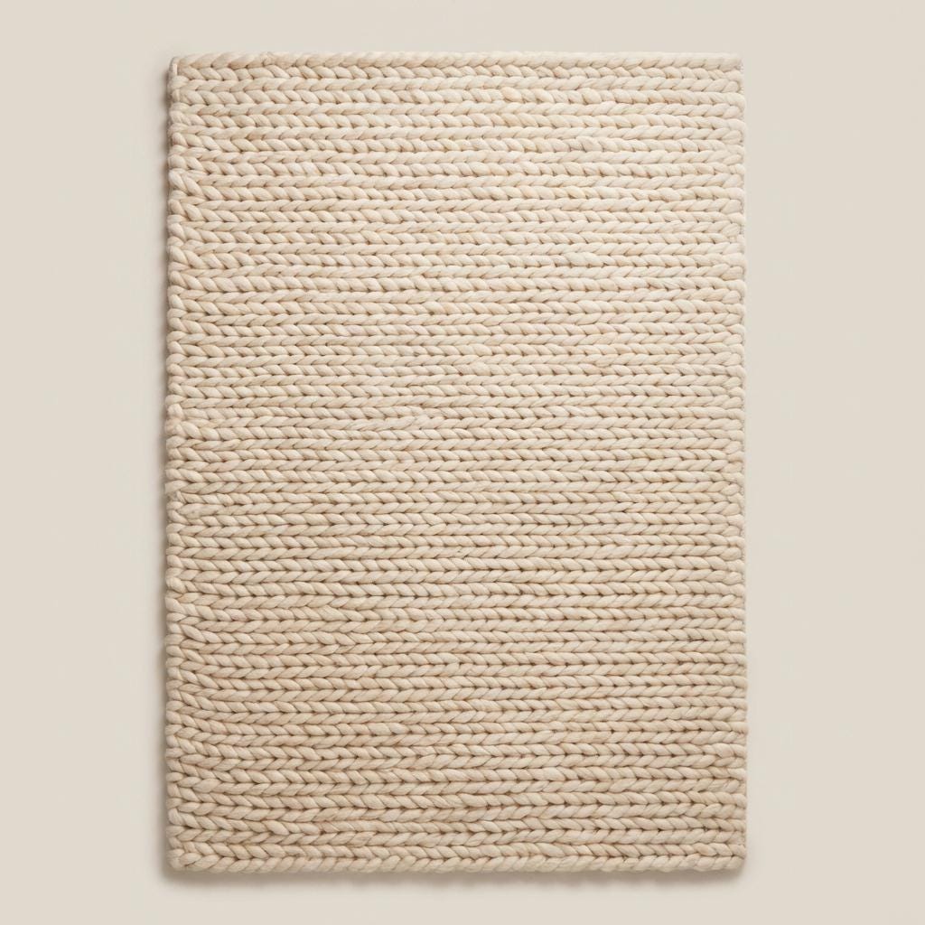 Handwoven chunky wool area rug with oversized knit pattern, soft neutral beige rug perfect for modern minimalist interiors.