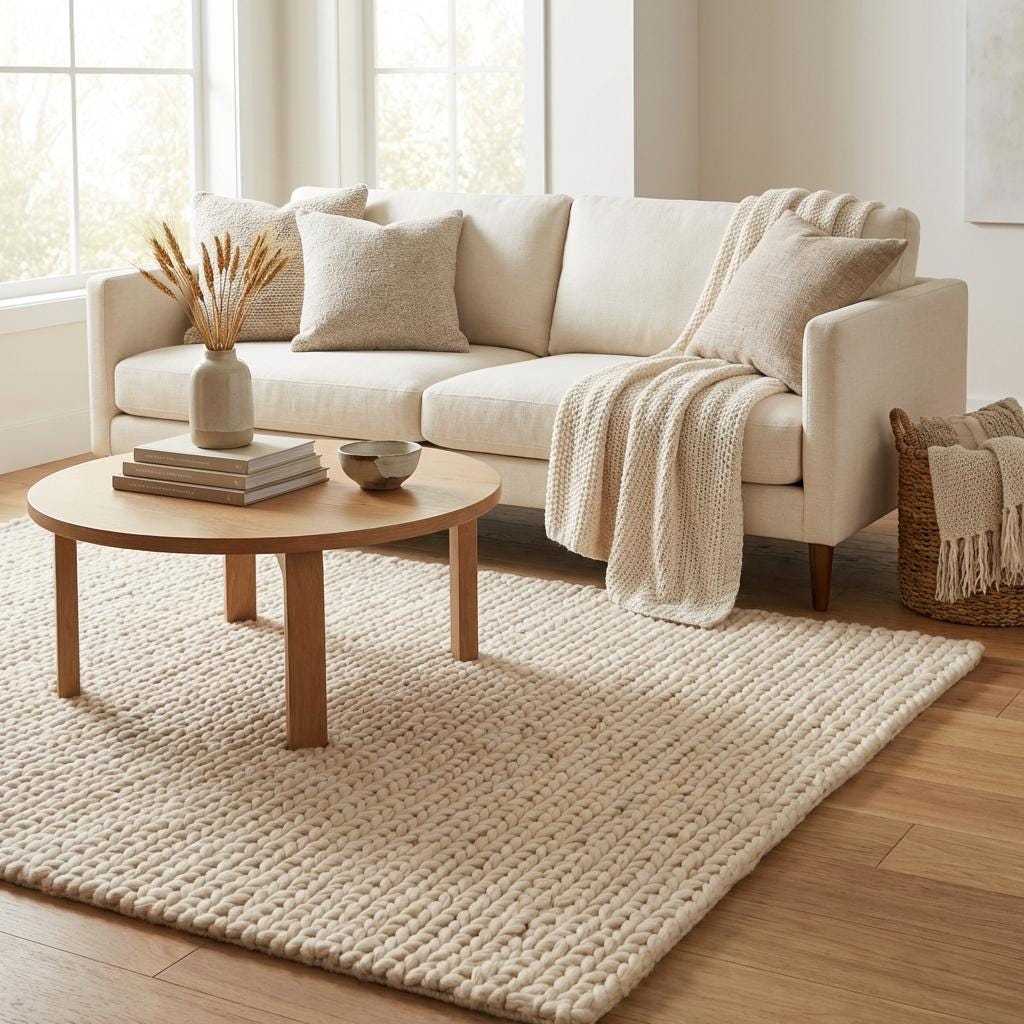 Large chunky knit wool rug for living room featuring thick woven wool strands and warm hygge inspired home décor style.