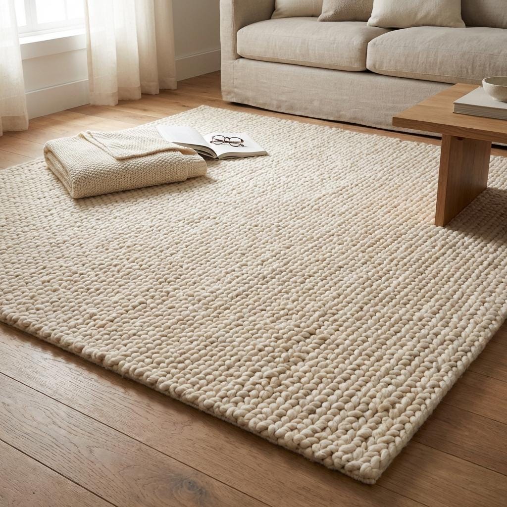 Neutral chunky wool rug styled in minimalist living room with wooden furniture and cozy Scandinavian interior design.