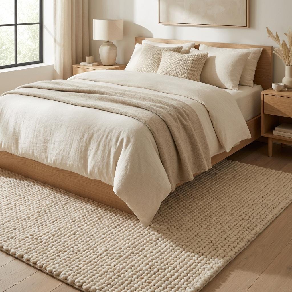 Chunky Knit Wool Rug, Neutral Beige Chunky Wool Area Rug, Scandinavian Minimalist Cozy Living Room Rug