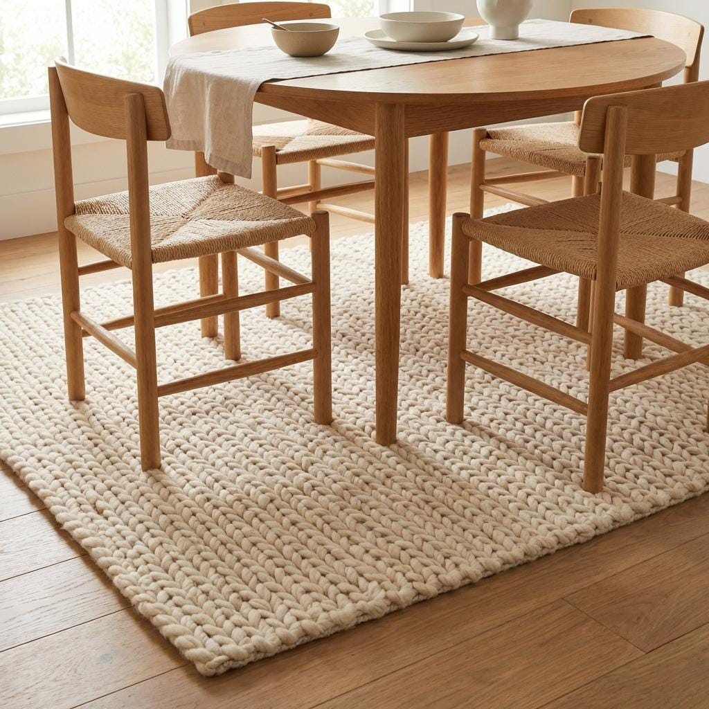 Chunky Knit Wool Rug, Neutral Beige Chunky Wool Area Rug, Scandinavian Minimalist Cozy Living Room Rug