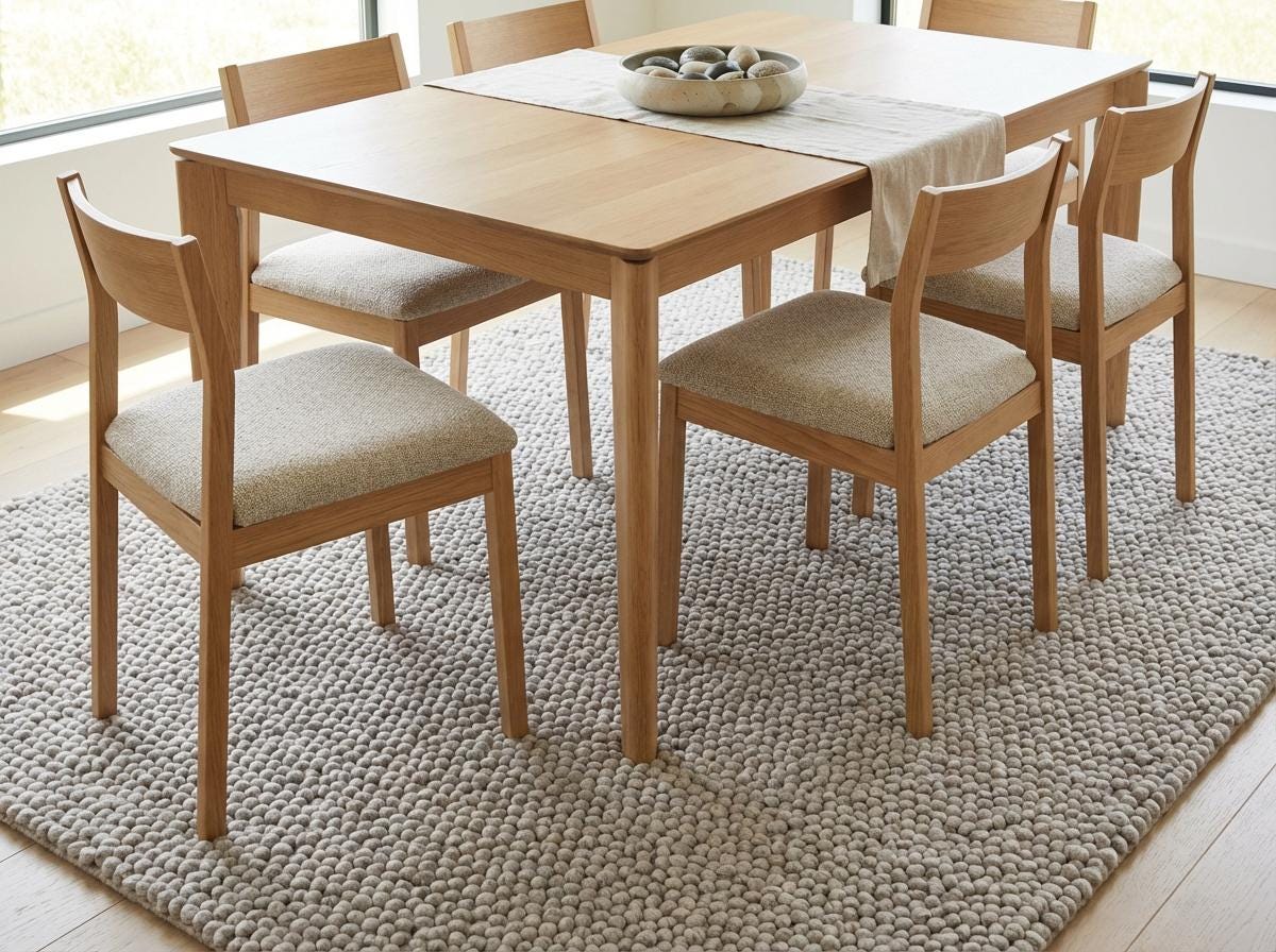Handmade chunky knit wool rug in neutral beige with pebble texture, thick and cozy for modern minimalist interiors
