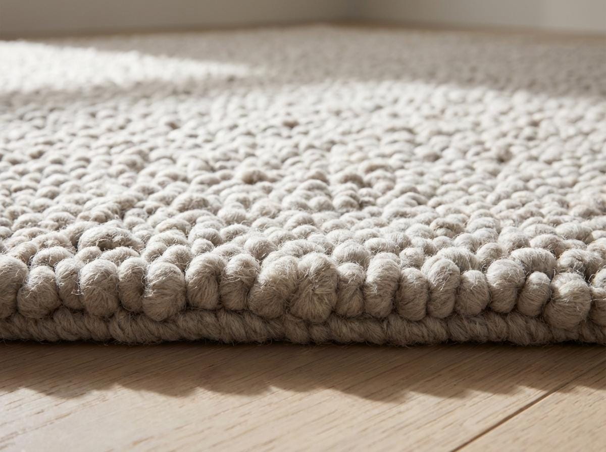 Handmade chunky knit wool rug in neutral beige with pebble texture, thick and cozy for modern minimalist decor