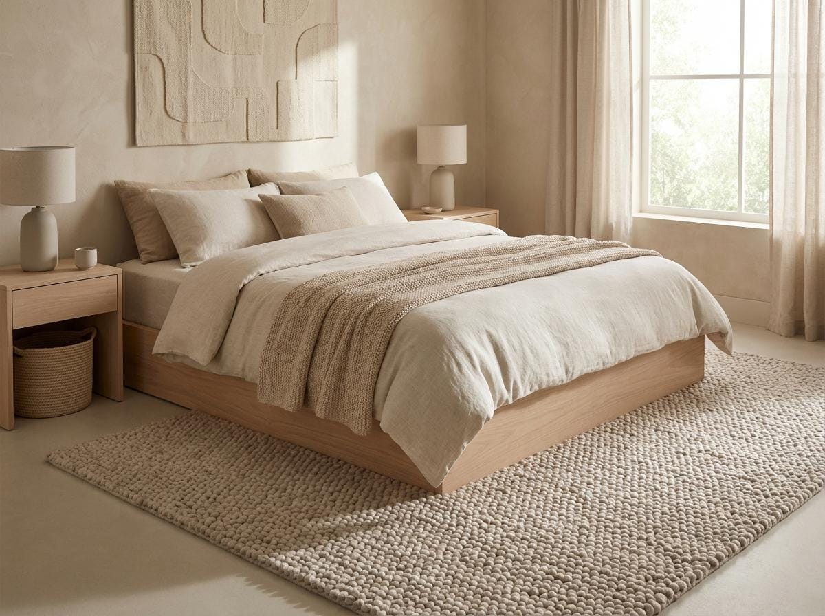 Handmade chunky knit wool rug with neutral beige pebble texture, thick and cozy for modern minimalist interiors