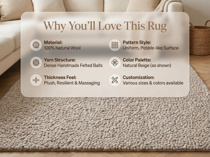 Handmade chunky knit wool rug in neutral beige with pebble texture, thick and cozy for modern minimalist spaces
