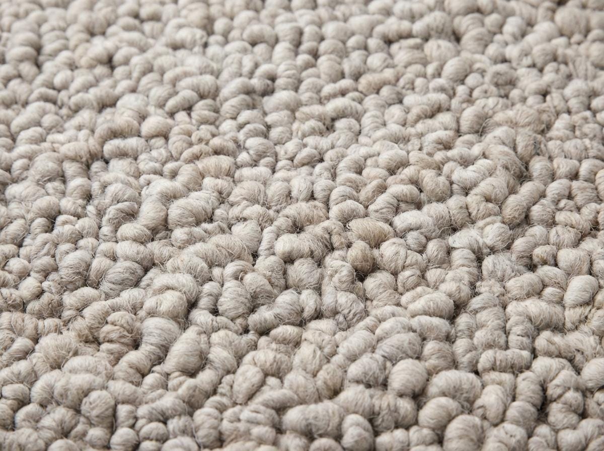 Handmade chunky knit wool rug in neutral beige with thick pebble texture for cozy modern minimalist decor