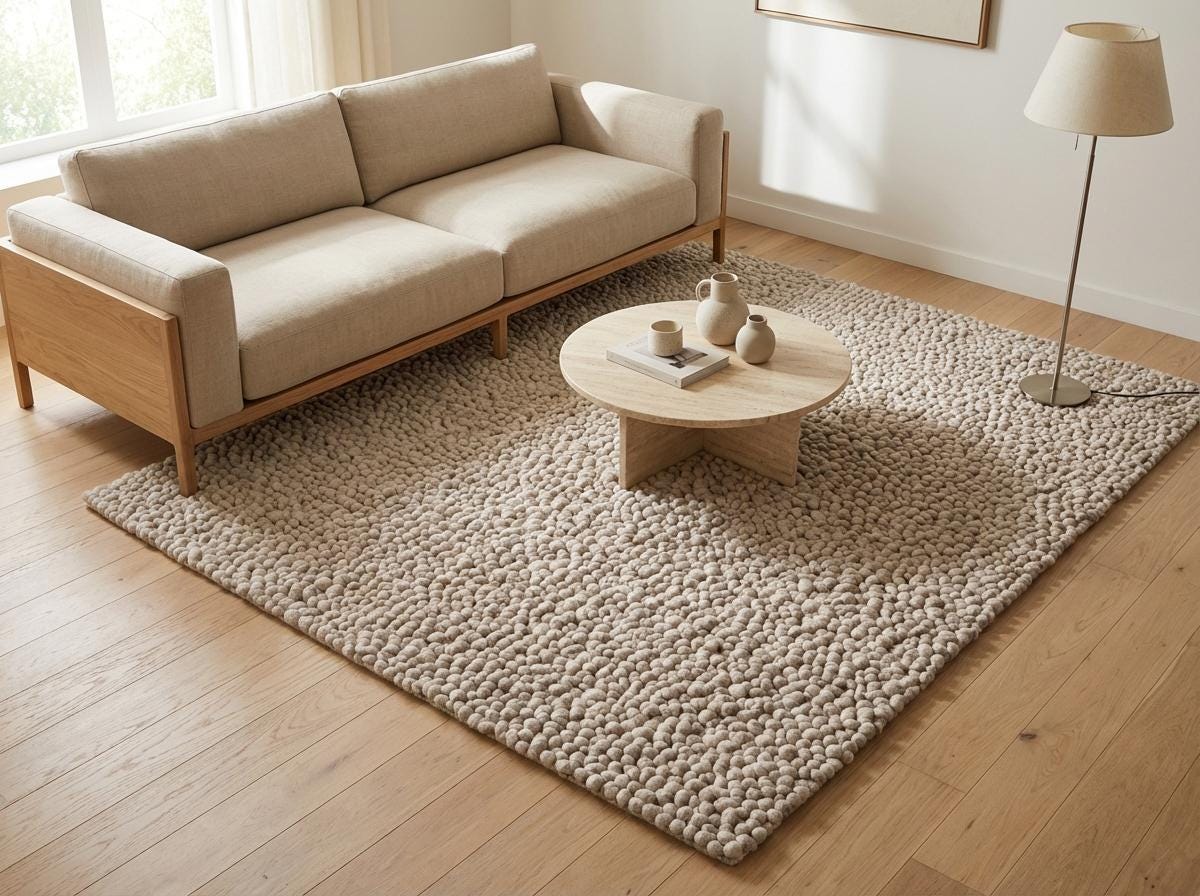 Handmade chunky knit wool rug in neutral beige with pebble texture, thick and cozy for modern minimalist decor