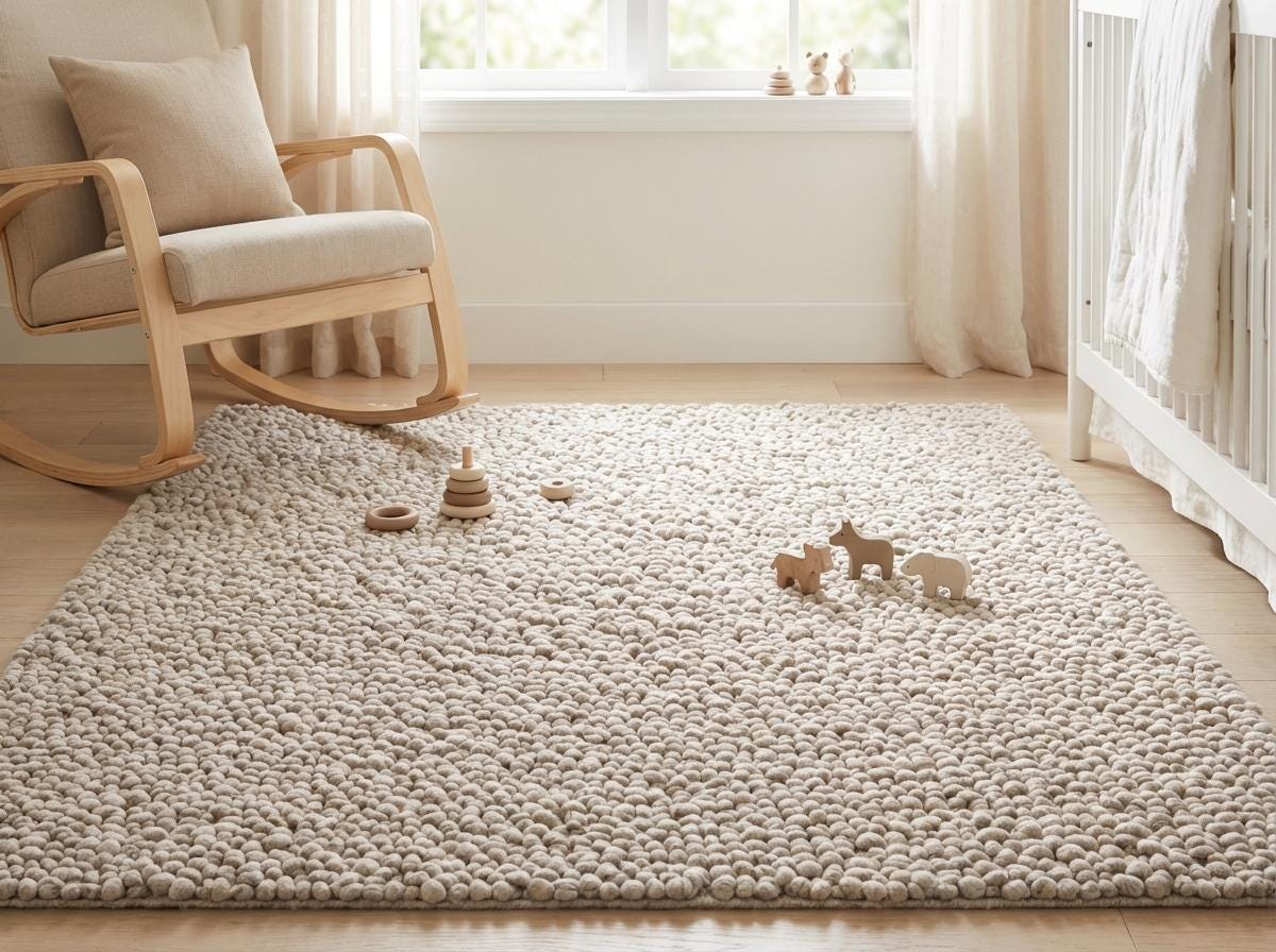 Handmade chunky knit wool rug in neutral beige with pebble texture, thick and cozy for modern minimalist decor