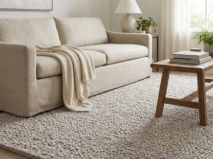 Handmade chunky knit wool rug in neutral beige with pebble texture, thick and cozy for modern minimalist spaces