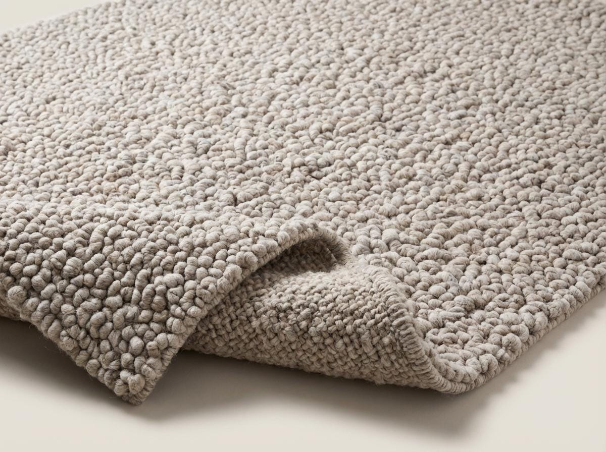 Handmade chunky knit wool rug in neutral beige with pebble texture, thick and cozy for modern minimalist decor