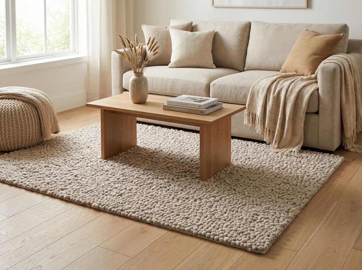Handmade chunky knit wool rug in neutral beige with thick pebble texture for cozy modern minimalist decor