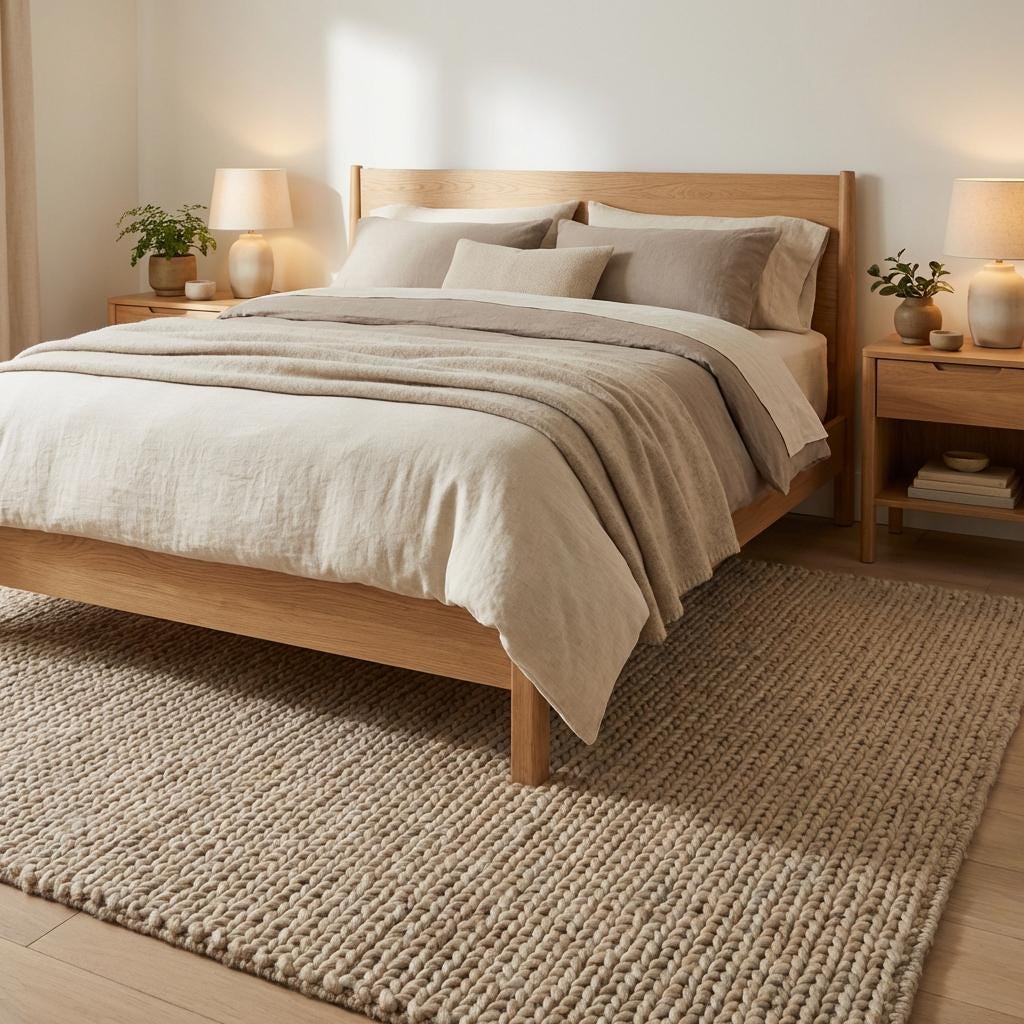 Chunky knit wool rug with thick, plush texture in neutral tones for cozy Scandinavian home decor