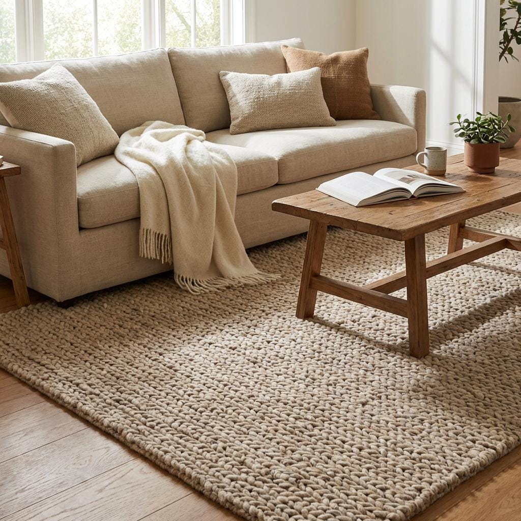 Chunky knit wool rug with thick loops and plush texture in neutral tones, perfect for cozy Scandinavian home decor