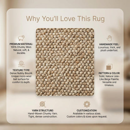 Chunky knit wool rug with thick, plush texture in neutral tones for cozy Scandinavian home decor