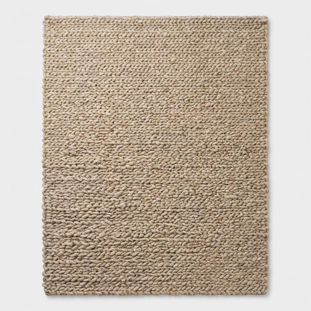 Chunky knit wool rug with thick, plush loops in neutral tones for cozy Scandinavian home decor