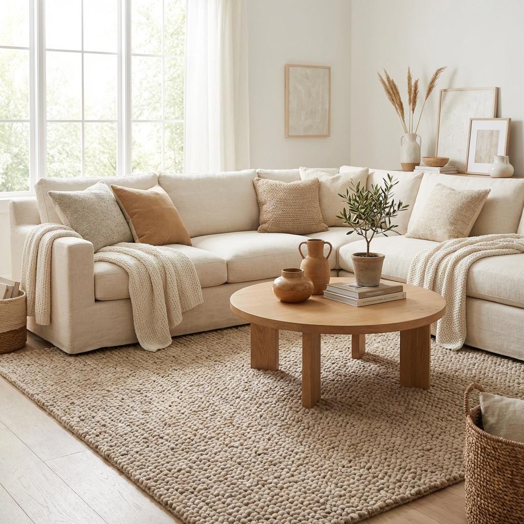 Chunky knit wool rug with thick, plush texture in a Scandinavian-style cozy room setting