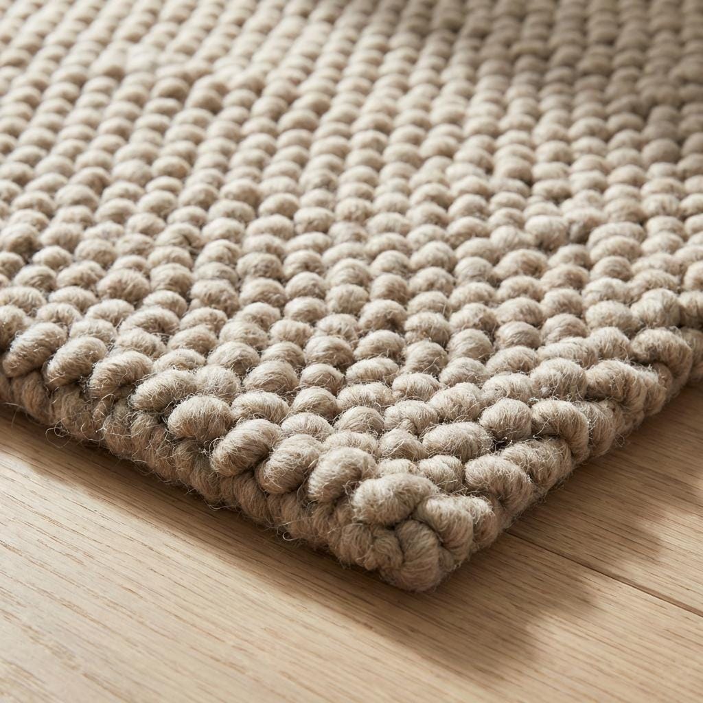Chunky knit wool rug with thick plush texture in neutral tones for cozy Scandinavian home decor