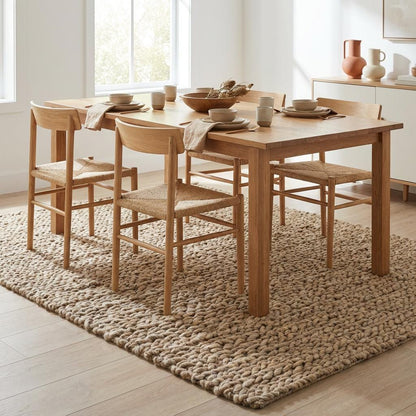 Chunky knit wool rug with thick, plush texture in neutral tones for cozy Scandinavian home decor