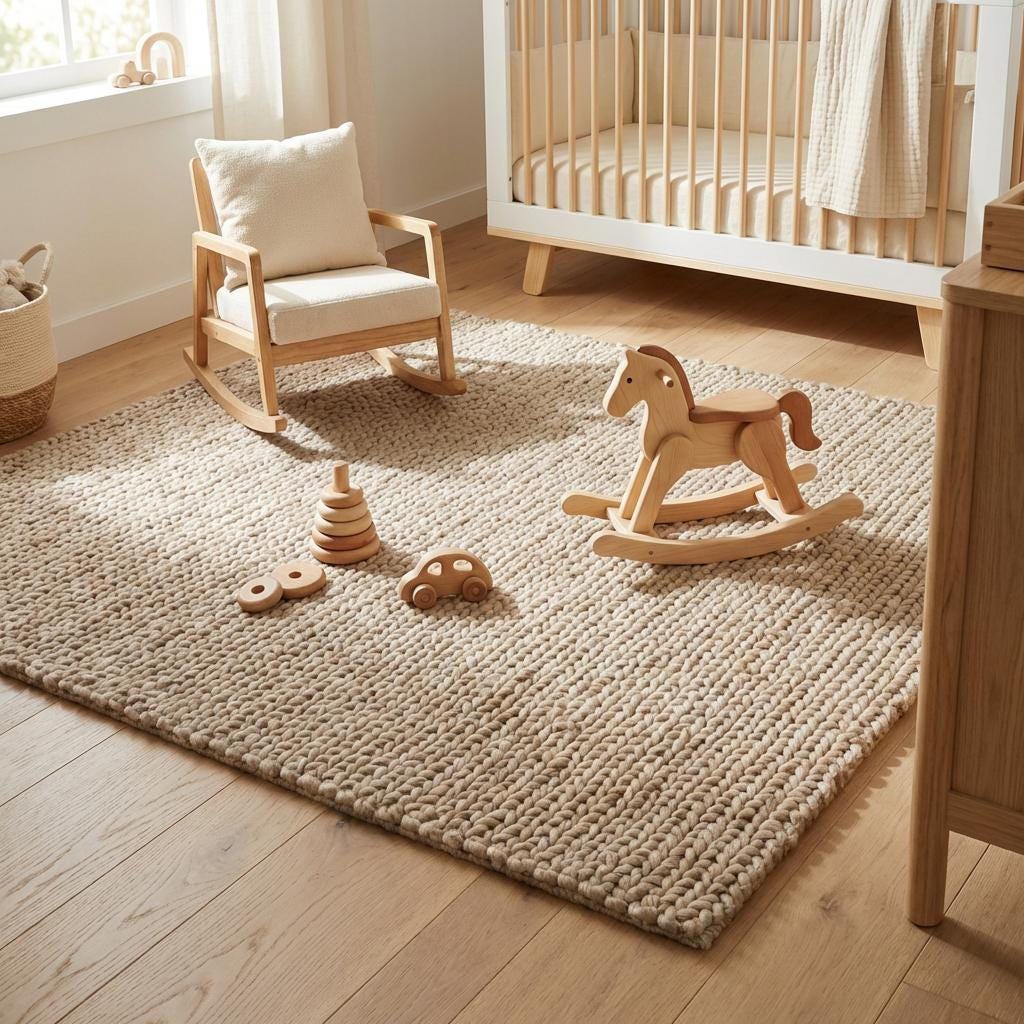 Chunky knit wool rug with thick oversized loops in neutral tone for cozy Scandinavian home decor