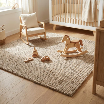 Chunky knit wool rug with thick oversized loops in neutral tone for cozy Scandinavian home decor