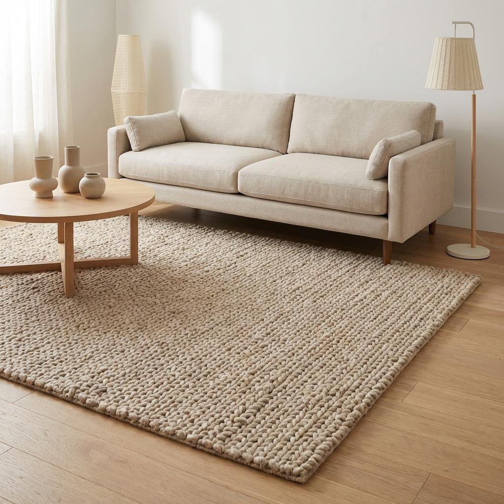 Chunky knit wool rug with thick oversized loops in neutral tone for cozy Scandinavian home decor
