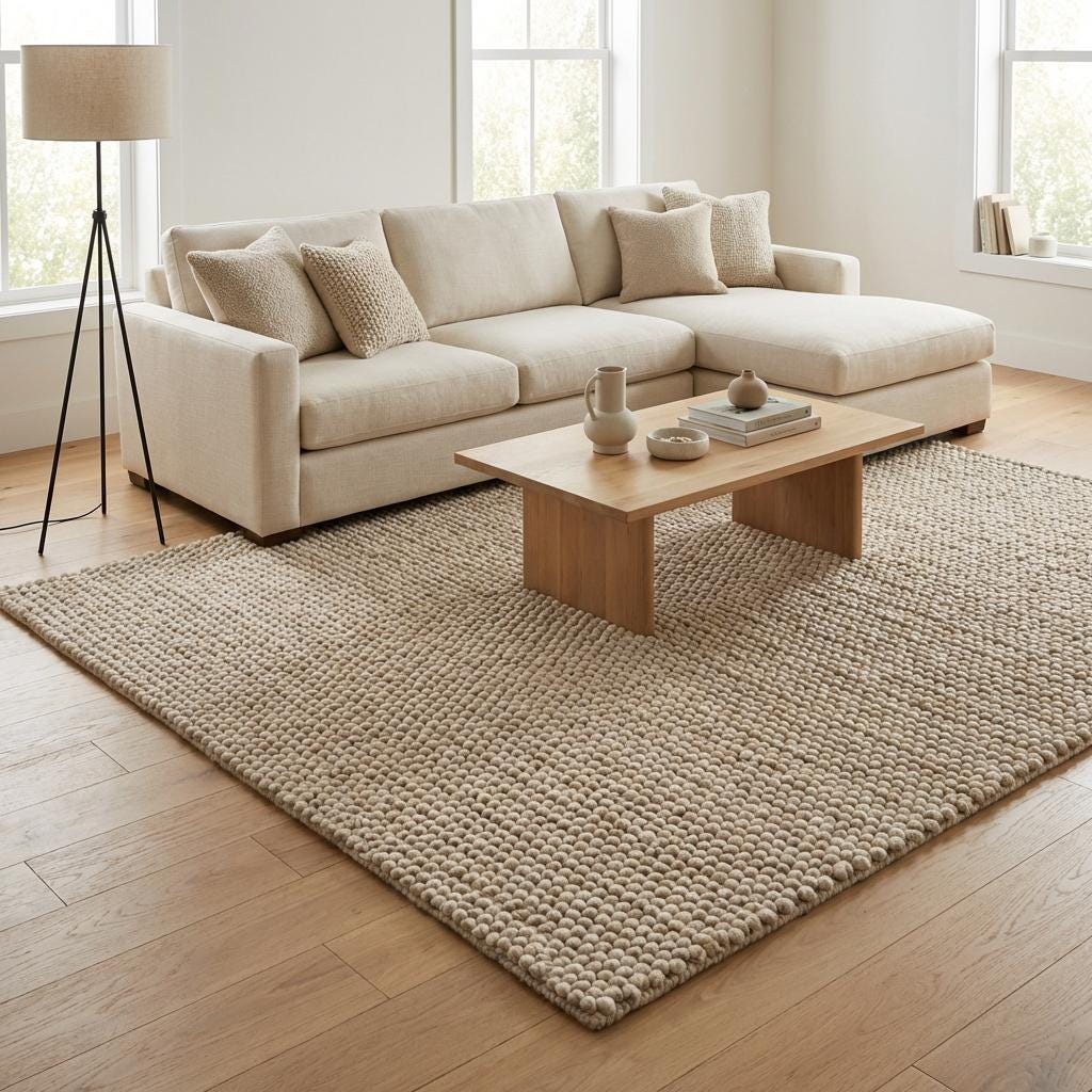 Chunky knit wool rug in thick neutral ivory with soft, plush texture for cozy living room decor