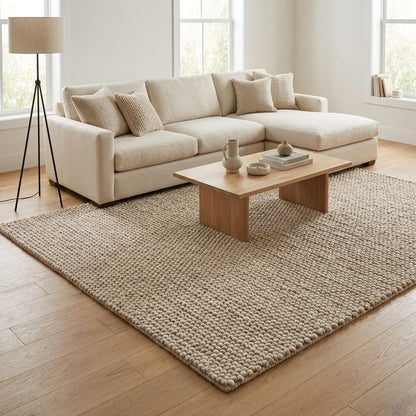 Chunky knit wool rug in thick neutral ivory with soft, plush texture for cozy living room decor
