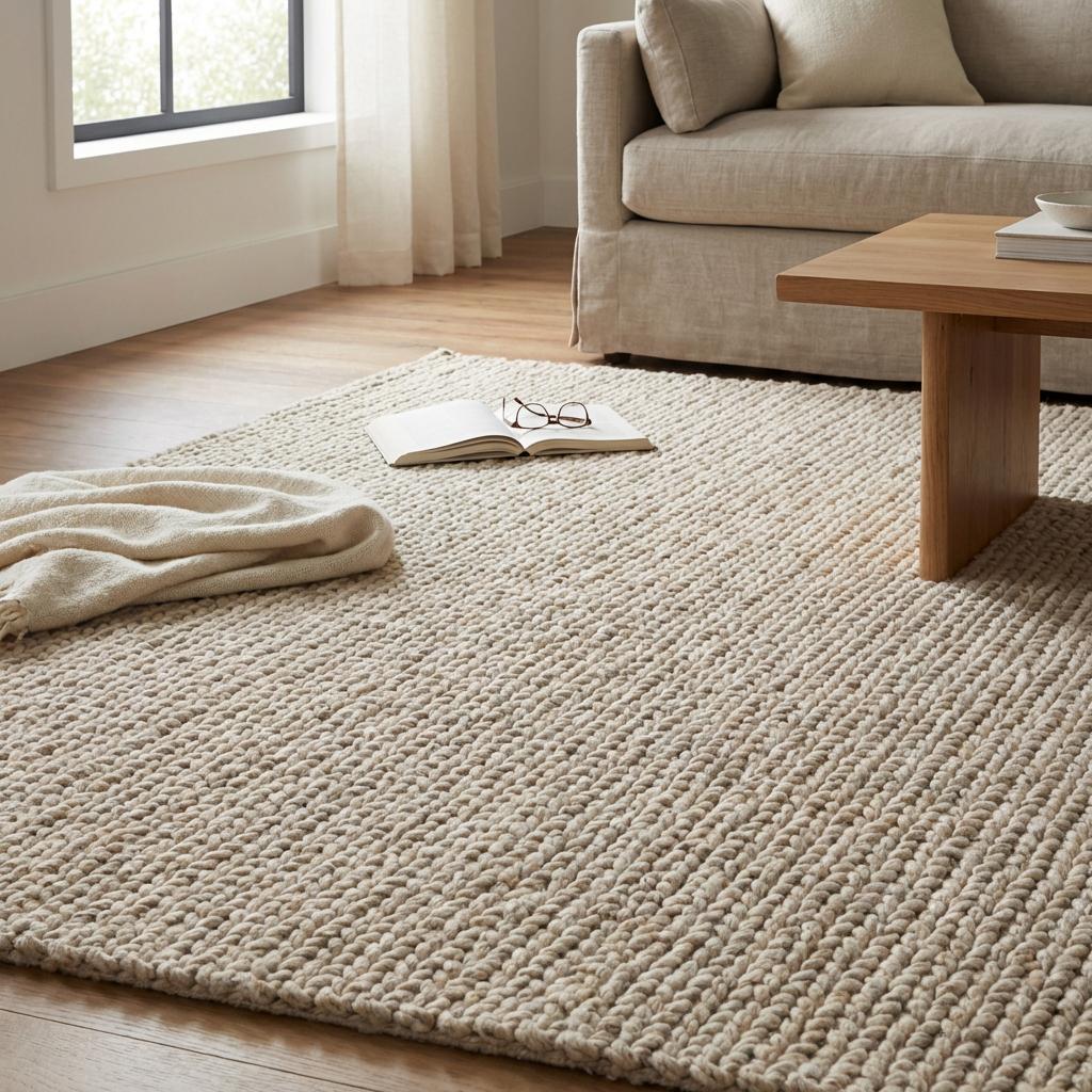 Chunky knit wool rug in neutral ivory with thick plush texture for cozy living room and soft home décor