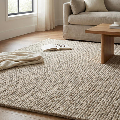 Chunky knit wool rug in neutral ivory with thick plush texture for cozy living room and soft home décor