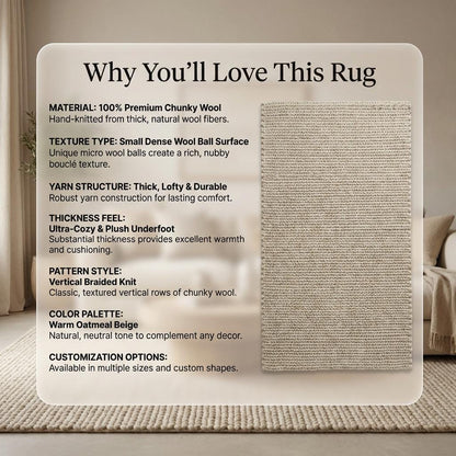 Chunky knit wool rug in neutral ivory with thick, plush texture for cozy living room décor