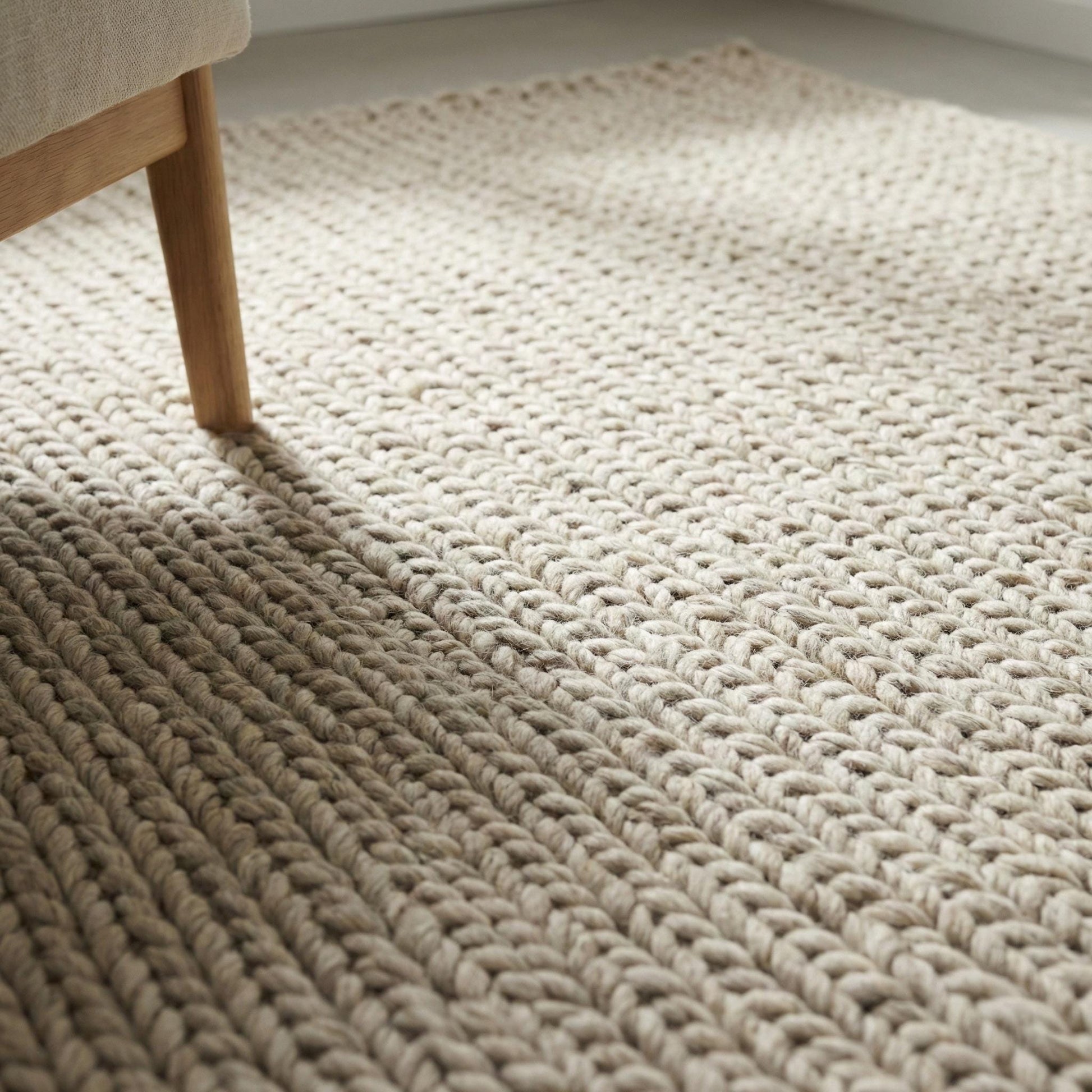 Chunky knit wool rug in neutral cream with thick, soft texture for cozy living room décor