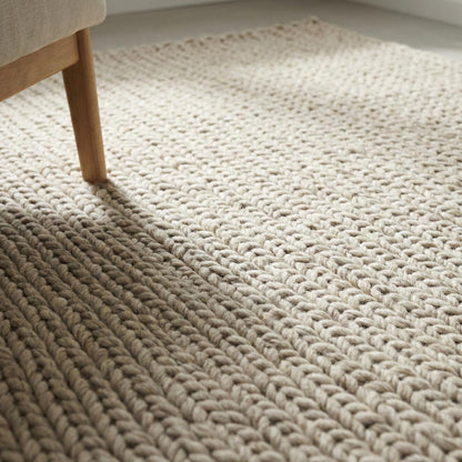 Chunky knit wool rug in neutral cream with thick, soft texture for cozy living room décor