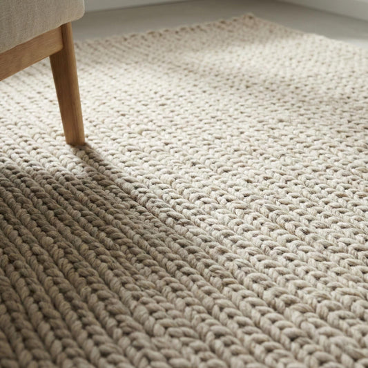 Chunky knit wool rug in neutral cream with thick, soft texture for cozy living room décor