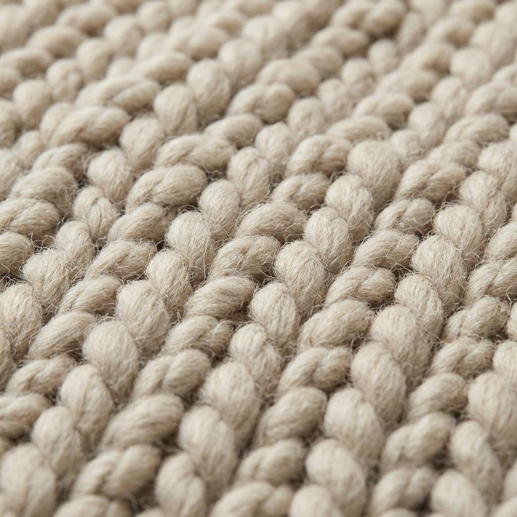 Chunky knit wool rug in neutral cream with thick, plush texture for cozy living room decor