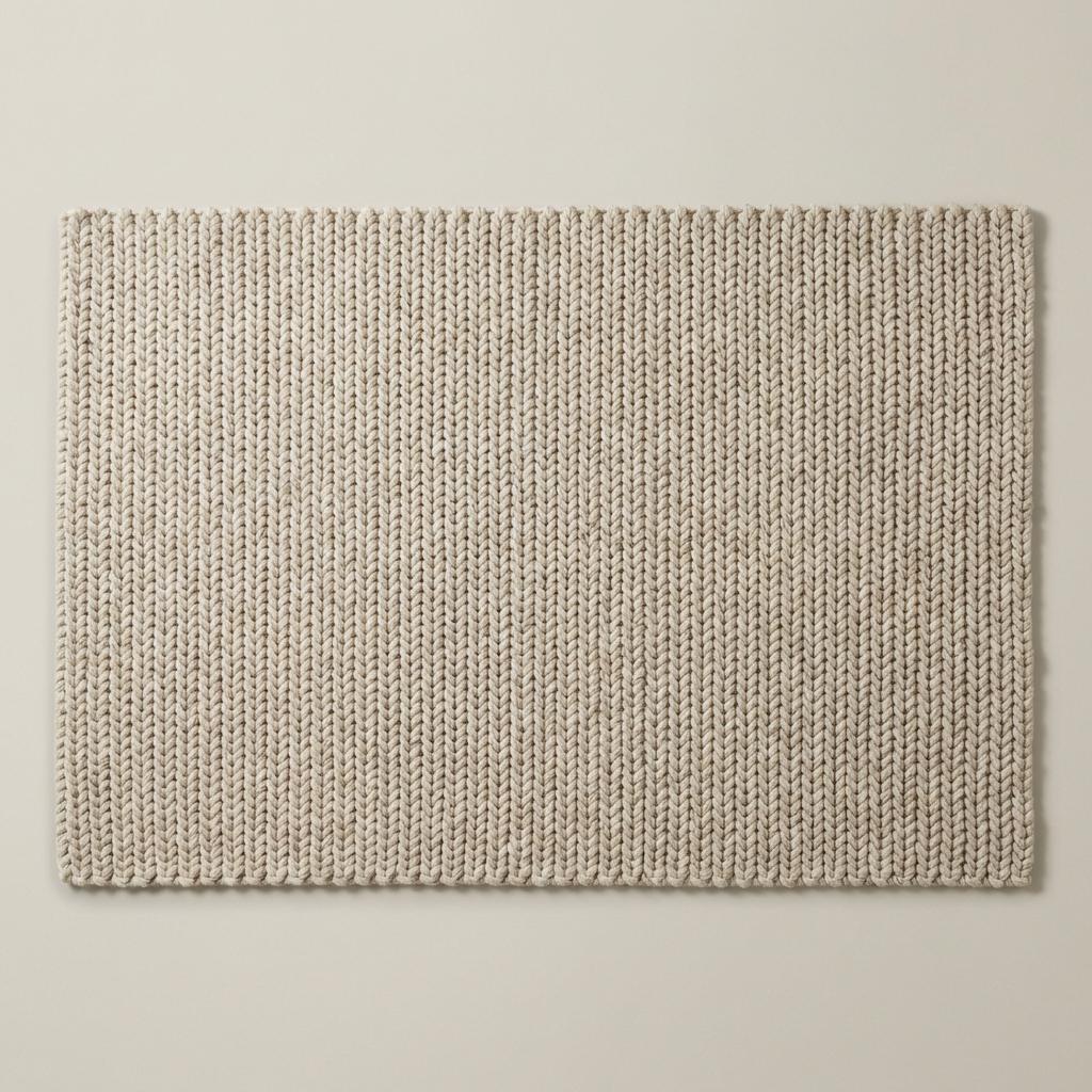 Chunky knit wool rug in neutral cream color with thick plush loops for cozy living room décor