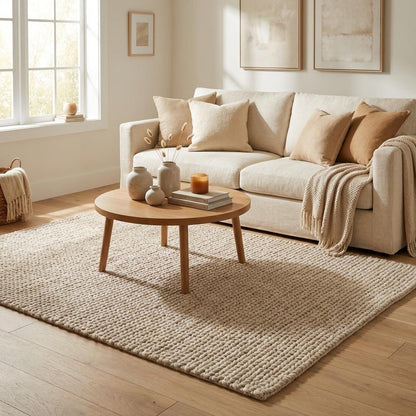 Chunky knit wool rug in neutral ivory with thick, plush texture for cozy living room décor
