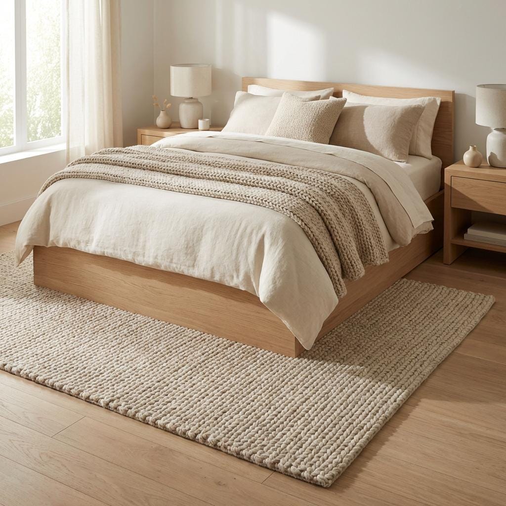 Chunky knit wool rug in neutral ivory with thick textured loops for cozy, luxurious living room décor