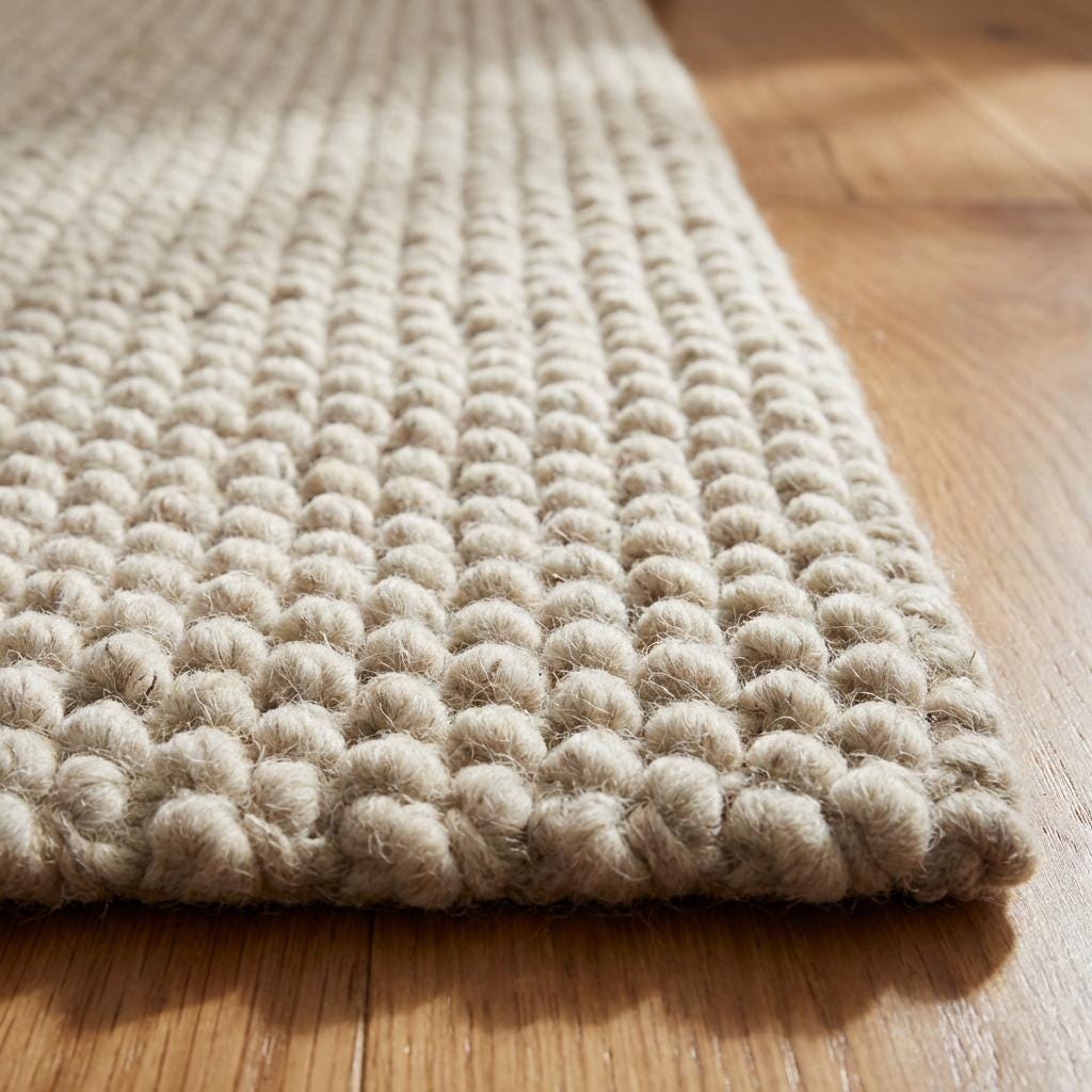 Chunky knit wool rug in neutral ivory with thick plush loops for cozy living room décor