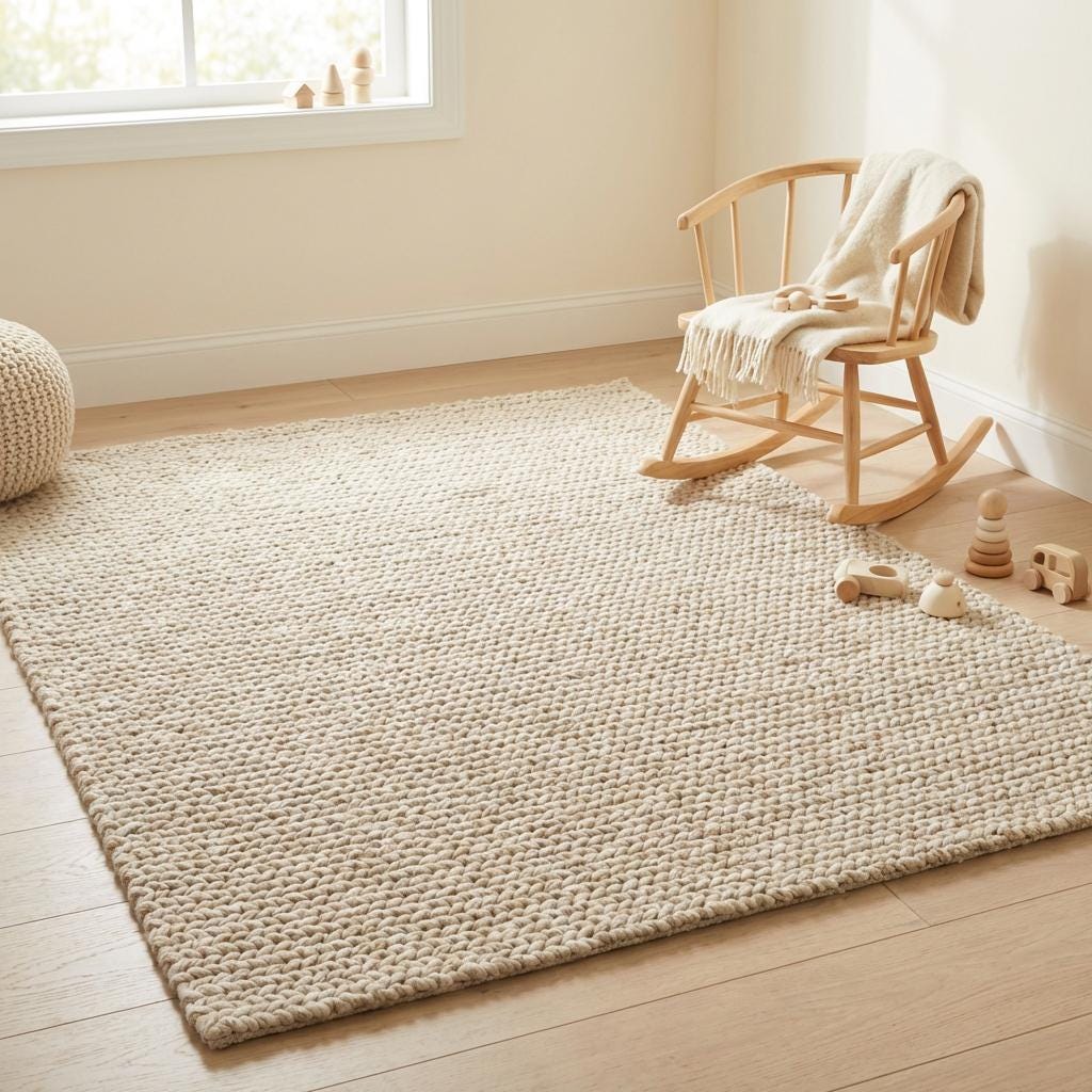 Chunky knit wool rug in neutral cream with thick plush texture for cozy living room décor