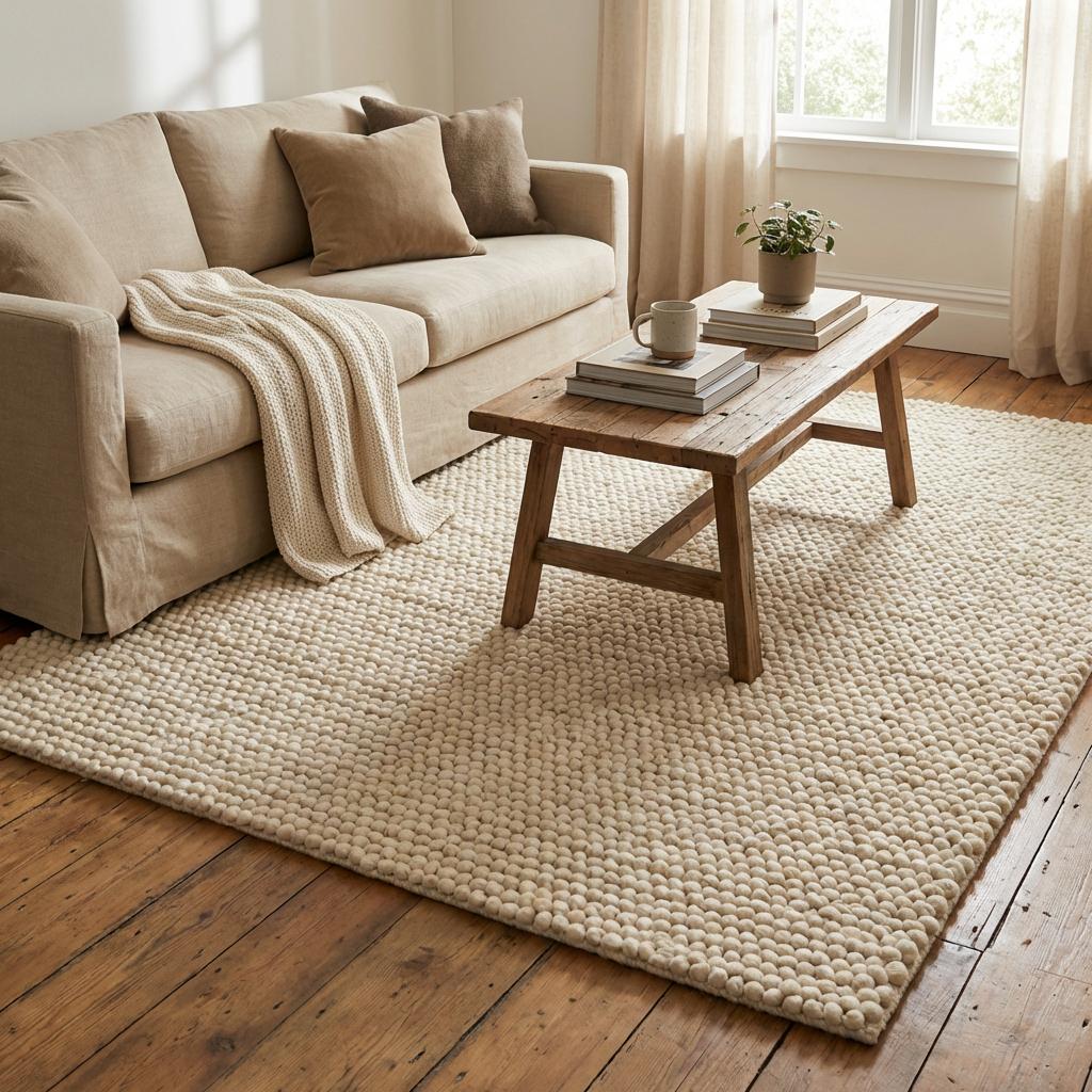 Chunky knit wool rug in neutral ivory with thick textured loops, perfect cozy floor covering for living room or nursery