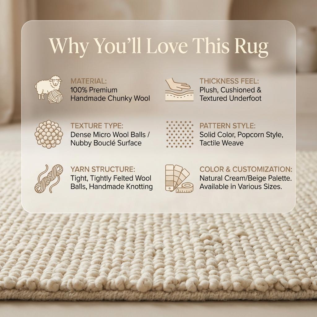 Chunky knit wool rug with thick neutral texture in cozy living room setting