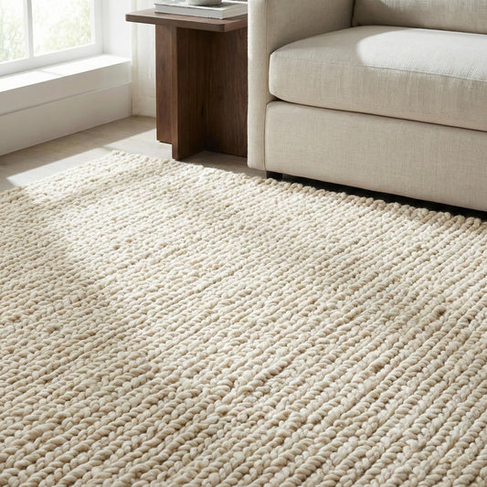 Thick neutral chunky knit wool rug with plush texture for cozy living room or nursery floors