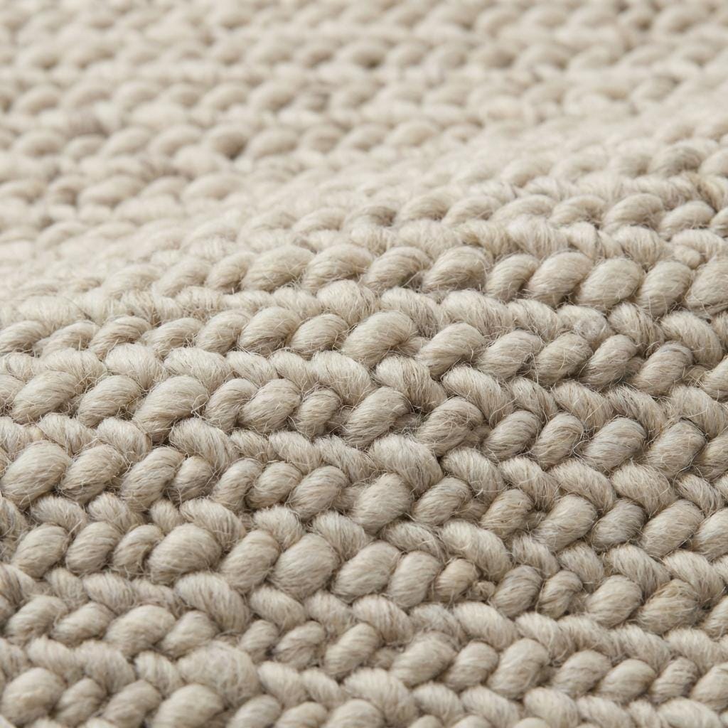 Chunky knit wool rug with thick neutral loops, soft textured luxury for modern cozy living room and bedroom decor