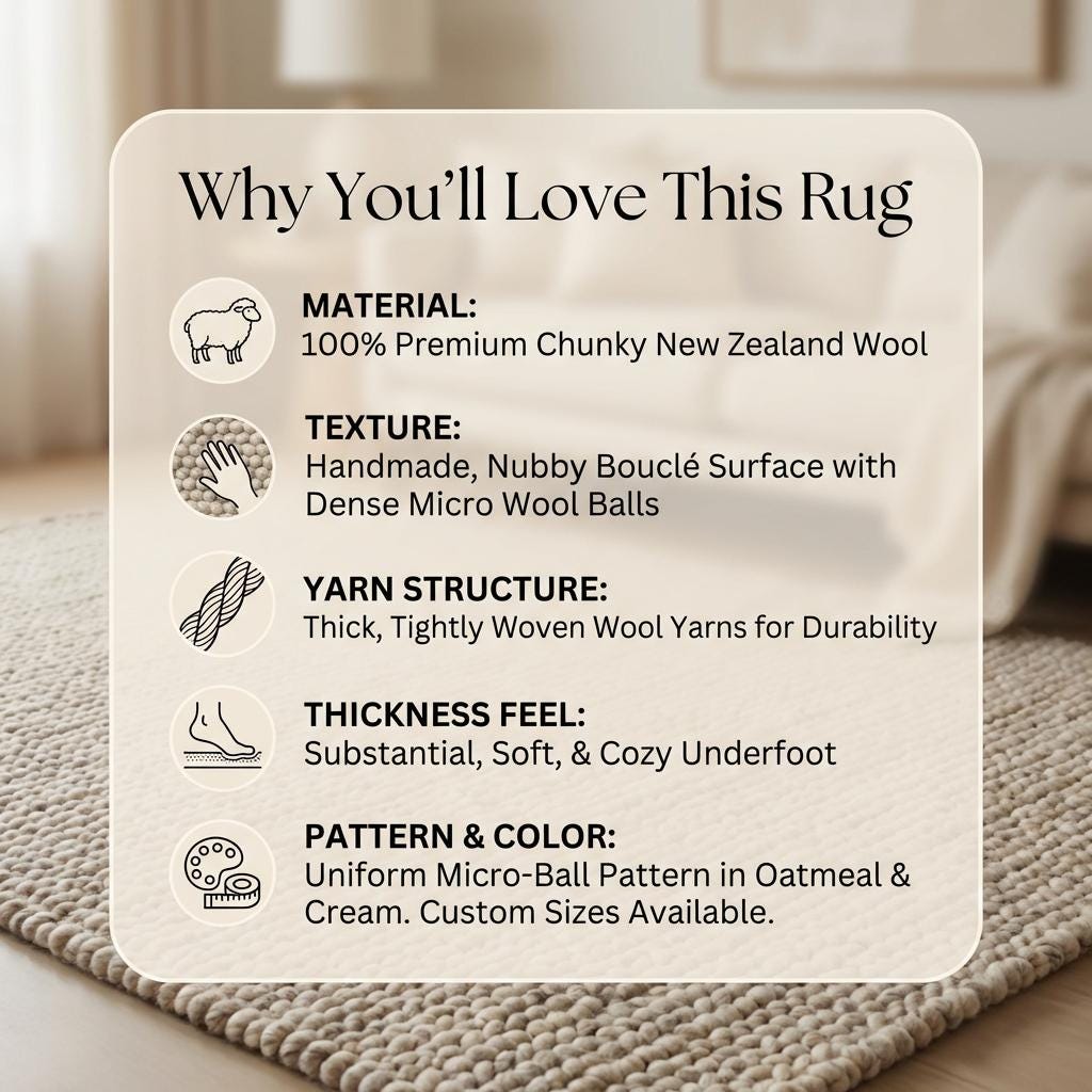 Chunky knit wool rug with thick neutral loops, soft textured luxury floor covering for cozy modern living rooms and bedrooms