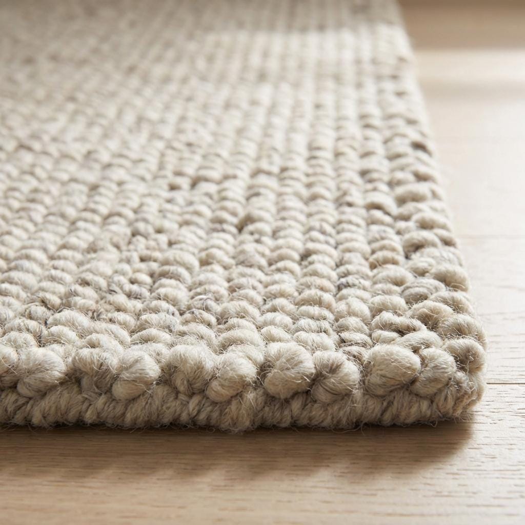 Chunky knit wool rug with thick neutral loops, soft textured luxury floor covering for cozy modern home decor.