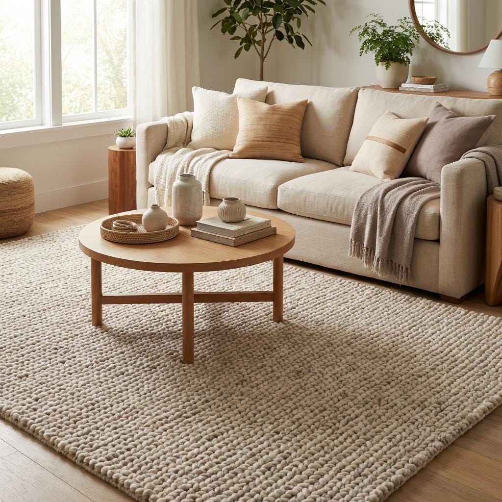 Chunky knit wool rug with thick loops in neutral tone, cozy and soft textured luxury floor rug for living room and bedroom.