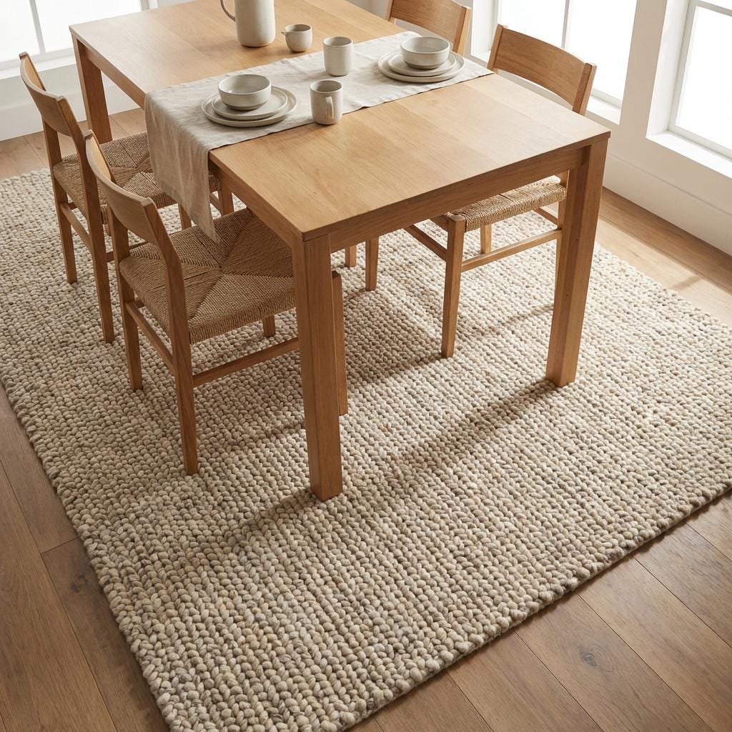 Chunky knit wool rug with thick plush loops in a neutral tone for cozy modern home décor