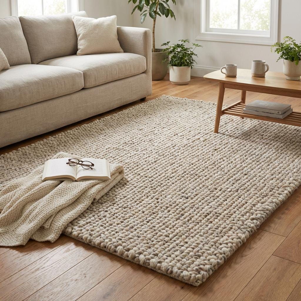 Chunky knit wool rug with thick plush loops in neutral tone for cozy modern home décor